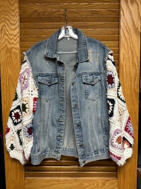 Miracle Blue Denim Jacket with Multicolor Crochet Patchwork Sleeves